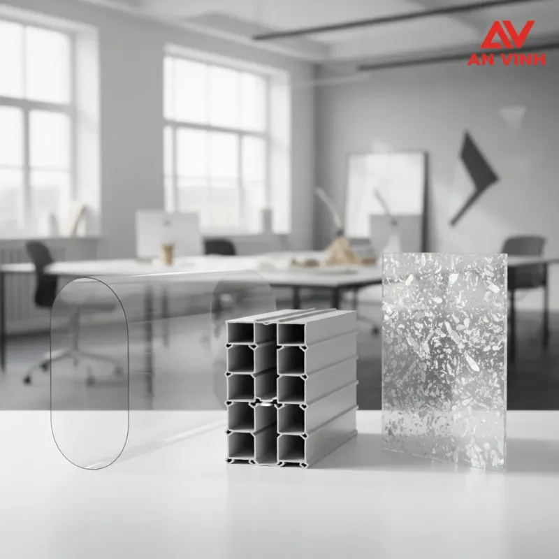 Bảng so sánh nhanh: Tấm poly đặc 3mm vs Poly rỗng vs Kính mica