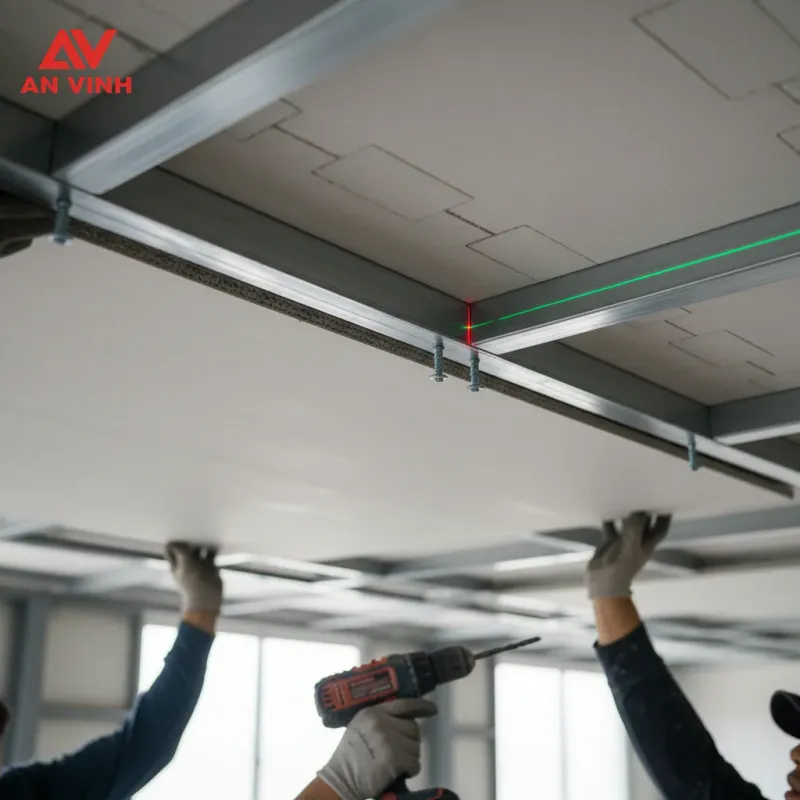 Kỹ thuật đi khung xương & bắn vít: Giải pháp trần cemboard chống võng
